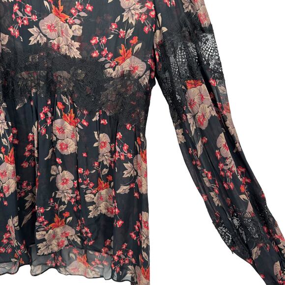 Zara Woman Black Sheer Floral Lace Long Sleeve Blouse Top Size XL Boho Romantic - Picture 2 of 6
